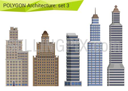 Polygonal style skyscrapers set. City design elements.  Polygon architecture collection.