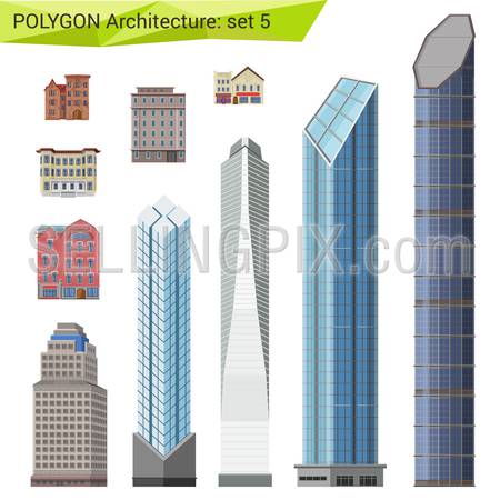 Polygonal style skyscrapers, houses and buildings set. City design elements.  Polygon architecture collection.