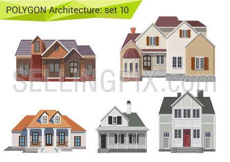 Polygonal style houses and buildings set. Countryside design element.  Polygon architecture collection.