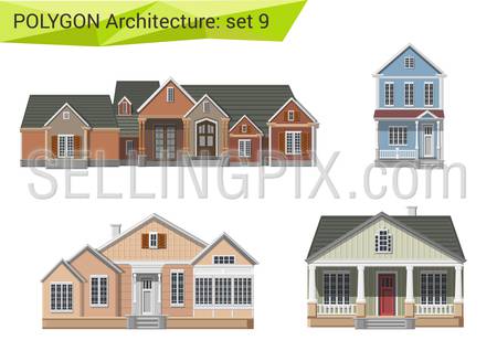 Polygonal style residential houses and buildings set. Countryside and suburb design elements.  Polygon architecture collection.