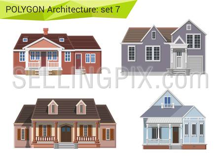 Polygonal style houses and buildings set. Countryside and suburb design elements.  Polygon architecture collection.