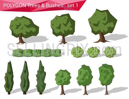 Polygon trees & bushes abstract vector set. Polygonal creative design object collection.