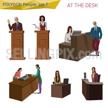 Polygonal style people standing & sitting at the desk set.  Polygon people collection.