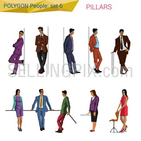 Polygonal style people at pillar set.  Polygon people collection.