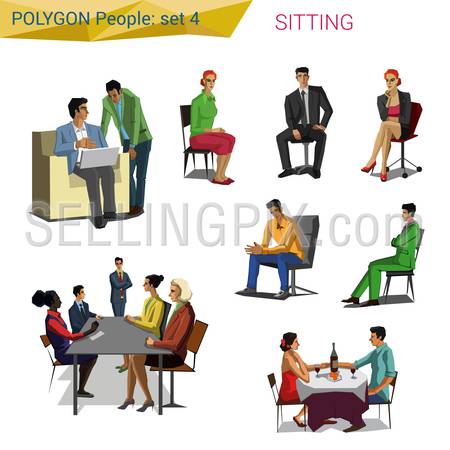 Polygonal style sitting people set.  Polygon people collection.