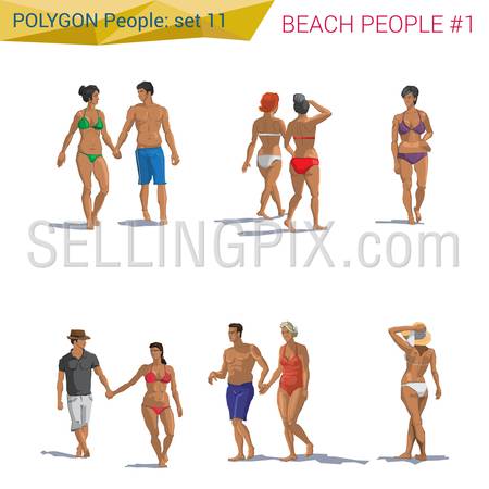 Polygonal style beach people walking set.  Polygon people collection.