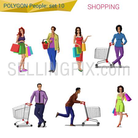 Polygonal style people shopping set.  Polygon people collection.