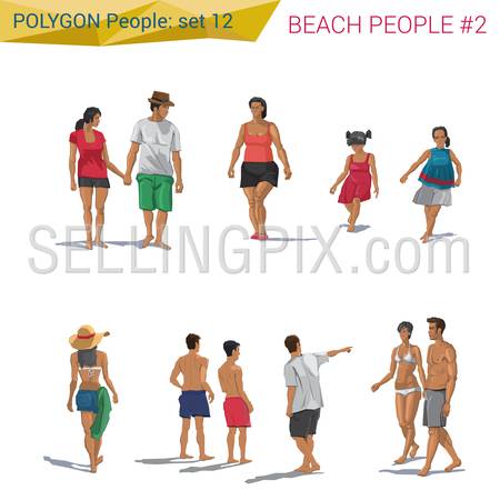 Polygonal style beach people resting set.  Polygon people collection.