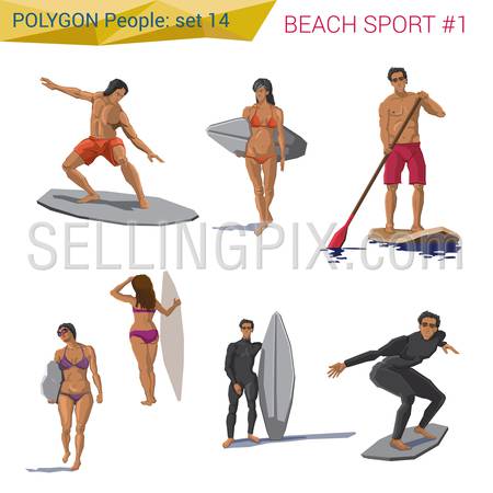 Polygonal style beach water sports people set.  Polygon people collection.