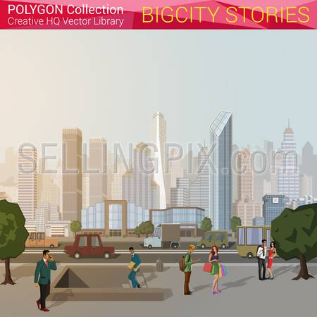 Polygonal style city concept. Urban city design elements. Polygon world collection.