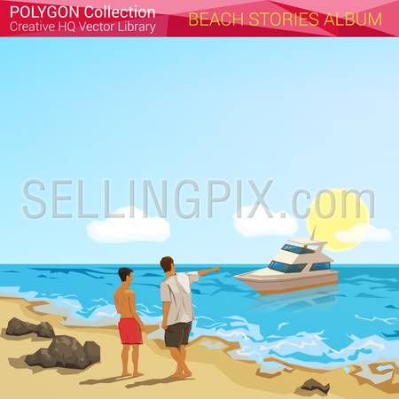 Polygonal style beach people concept. Vacation design elements. Polygon world collection.