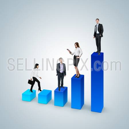 Climb the career ladder concept. Business success concept. Financial report & statistics. Business woman with suitcase walk up the bar graph. Businessman and business woman standing on the bar chart.