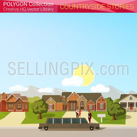 Polygonal style countryside concept. Architecture design elements. Limousine rich district mansion copyspace. Polygon world collection.