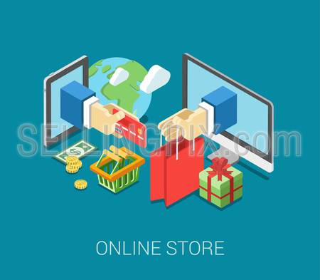 Flat 3d isometric online store e-commerce web infographic concept vector. Internet sale shopping cart, payment, checkout, gift box. Hand hold credit card stick from tablet, paper bag from computer.