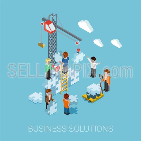 Flat 3d isometric business solutions web infographic concept vector. Crane construction building puzzle pieces. People constructing, manager boss foreman, pallet. Innovations, teamwork and leadership.