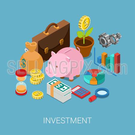 Flat 3d isometric investment, capitalization, money savings, finance web infographic concept vector. Piggy bank, coin flower plant, money bag, sand clock, cogwheel, chart graphic report, briefcase.