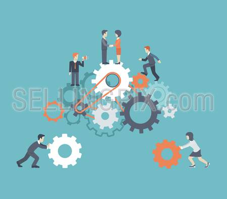 Flat style modern teamwork, workforce staff infographic concept. Conceptual web illustration of business people on cog wheels. Corporate company ladder of success leadership, human resource management