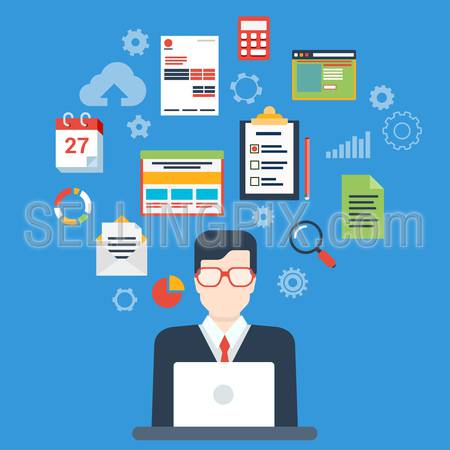 Flat style modern businessman creative process infographic concept. Web illustration for creating business strategy plan, generating report. Man work with laptop and calendar schedule interface icons.