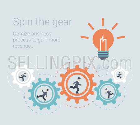 Flat style modern effective process teamwork, workforce infographic template concept. Conceptual web illustration business people innovation spin the cog wheel gear mechanism light up lamp idea icon.