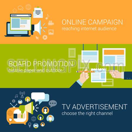 Flat style infographic advertising campaign types concept. Online social media promo, board promotion, tv advertisement web site icon banners templates set. Website conceptual flat vector collection.