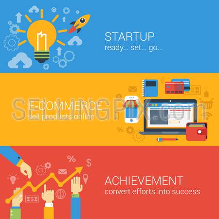 Flat style e-commerce business startup infographic concept. Start up spaceship online store income achievement result graphic web site icon banners templates set. Website conceptual vector collection.