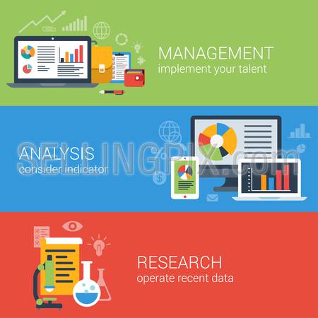 Flat style business analysis analytics management and research infographic concept. Laptop graphic interface, chart data, microscope flask web site icon banners templates set.