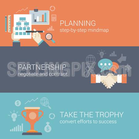 Flat style business planning, partnership and success results process infographic concept. Hand drawing strategy chart mindmap, contract handshake, trophy cup web site icon banners templates set.