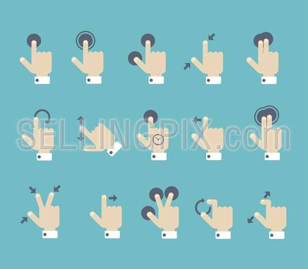 Flat style multi touch screen gesture user manual guide poster template. Arms and fingers with press point indicators, arrows of gestures direction.