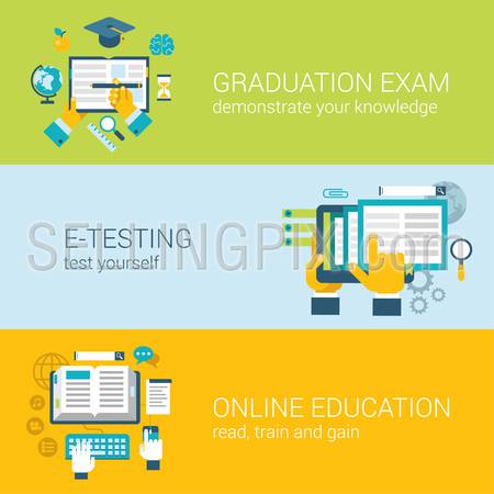 Flat style online education e-learning study knowledge graduation exam infographic concept. Hands on test, tablet online course web site icon banners templates set. Website conceptual flat collection.