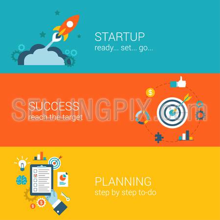 Flat style business startup planning launch and success infographic concept. Spaceship fly bow arrow in target schedule plan checklist web site icon banners templates set. Hero unit parallax template.