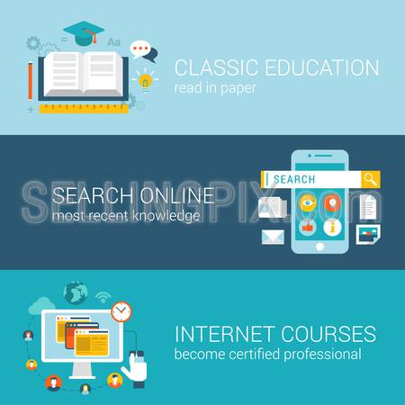 Flat style odern education infographic concept. Classic library book reading, online wiki search, internet course certification web site icon banners templates set. Template for parallax scroller.