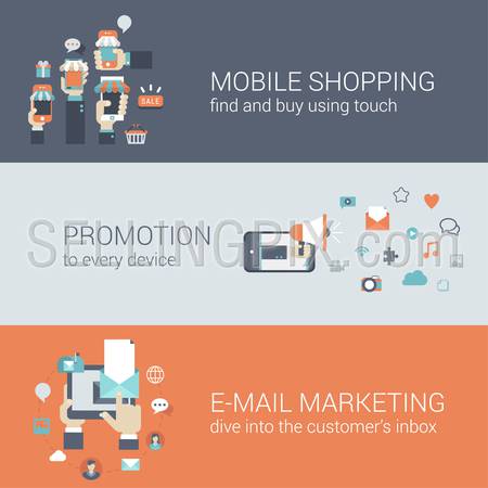Flat style mobile e-commerce promotion infographic concept. Smart phone online internet store sale shopping tablet promotion email marketing web site icon banners templates set. Template for parallax.