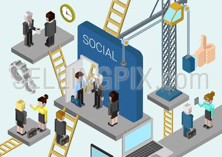 Flat 3d isometric corporate business creation, building a company, promotion in online social media web infographic concept vector. Crane, ladders connecting platforms with business people.