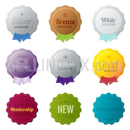 Vintage Labels membership collection.  Bronze, Silver, Gold, Platinum, Diamond members medals.  Vector logo template. Editable.
