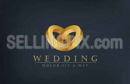 Wedding gold rings vector logo template. Marriage invitation card concept. Heart Love icon. Vector. Editable.