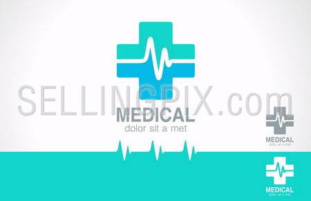 Medical pharmacy logo design template. Medic cross icon with cardiogram. Vector identity. Editable.
