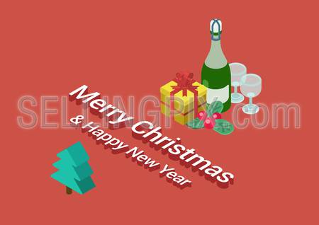 Flat 3d isometric Merry Christmas and Happy New Year web infographic concept vector. Bottle of champagne, glasses, cranberries, gift box, fir tree postcard template illustration.