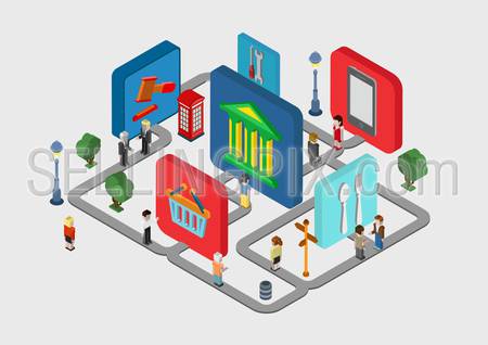 Flat 3d isometric interactive city navigation icons web infographic concept vector. People on streets and bank, restaurant, court, shopping mall, electronics store, service in-place indicator icons.