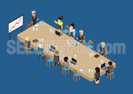Flat 3d isometric business meeting, skull session, council, presentation, get-together, palaver web infographic concept vector. Group of character people big table, boss in center by blackboard.