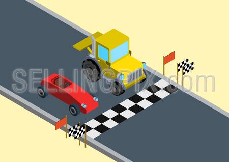Flat 3d isometric funny race competition parody web infographic concept vector. Sports car bolide versus tractor on race track start line.