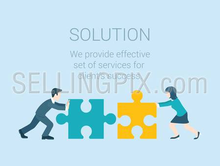 Flat style modern infographic business solution concept. Conceptual web illustration businessman and businesswoman characters connecting puzzle pieces.