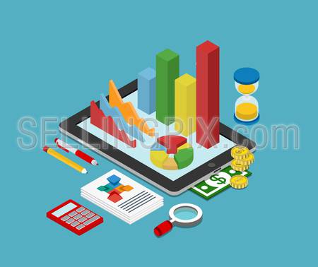 Flat 3d isometric business finance analytics, chart graphic report on tablet web infographic concept vector. Hourglass calculator money coins documents and collage on tablet. Stylish website banner.
