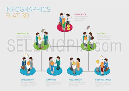 Flat 3d isometric infographic concept of company corporate department diagram structure web concept vector template. Connected platform pedestals groups of business people. Organization chart.