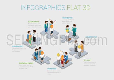 Flat 3d isometric infographic concept of teamwork, collaboration, workforce, winning staff web concept vector template. Puzzle pieces with groups of business people. Corporate structure.