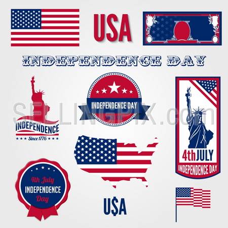 USA Independence day vector design template elements. 4th of July celebration symbols. American National holiday signs.  Medals, labels, icons, banner, flag, dollar, map. Patriot freedom Concept.