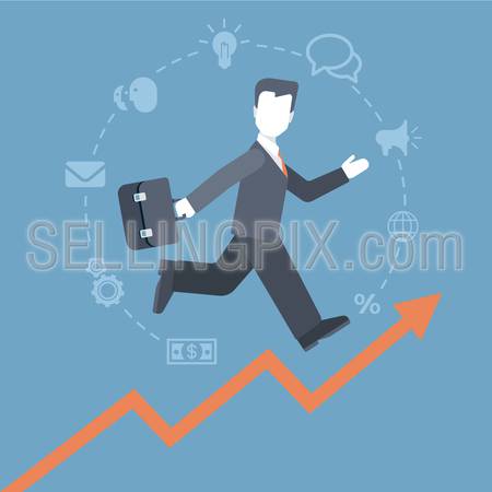 Flat style modern businessman running up the rising income graphic infographic concept. Conceptual web illustration for successful indicators and business people engaged in process.