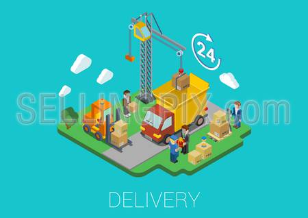 Flat 3d isometric delivery van cargo shipment crane and movers loading web infographic concept vector. 24-hour round-the-clock full time delivery island conceptual.