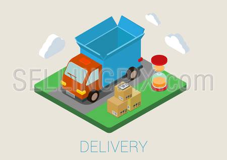 Flat 3d isometric delivery van cargo shipment web infographic concept vector. 24-hour round-the-clock full time delivery conceptual.