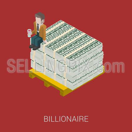 Flat 3d isometric abstract billionaire, oligarch, rich man, millionaire, capitalist web concept vector icon. Businessman with glass of wine sitting on pallet of dollar banknotes.