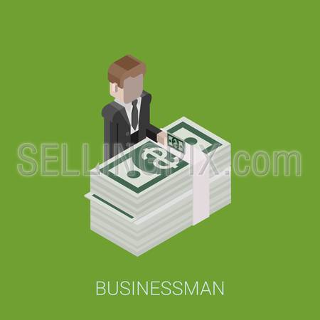 Flat 3d isometric abstract billionaire, investor, rich man, millionaire, capitalist web concept vector icon. Businessman giving money standing at big stack of dollar banknotes.